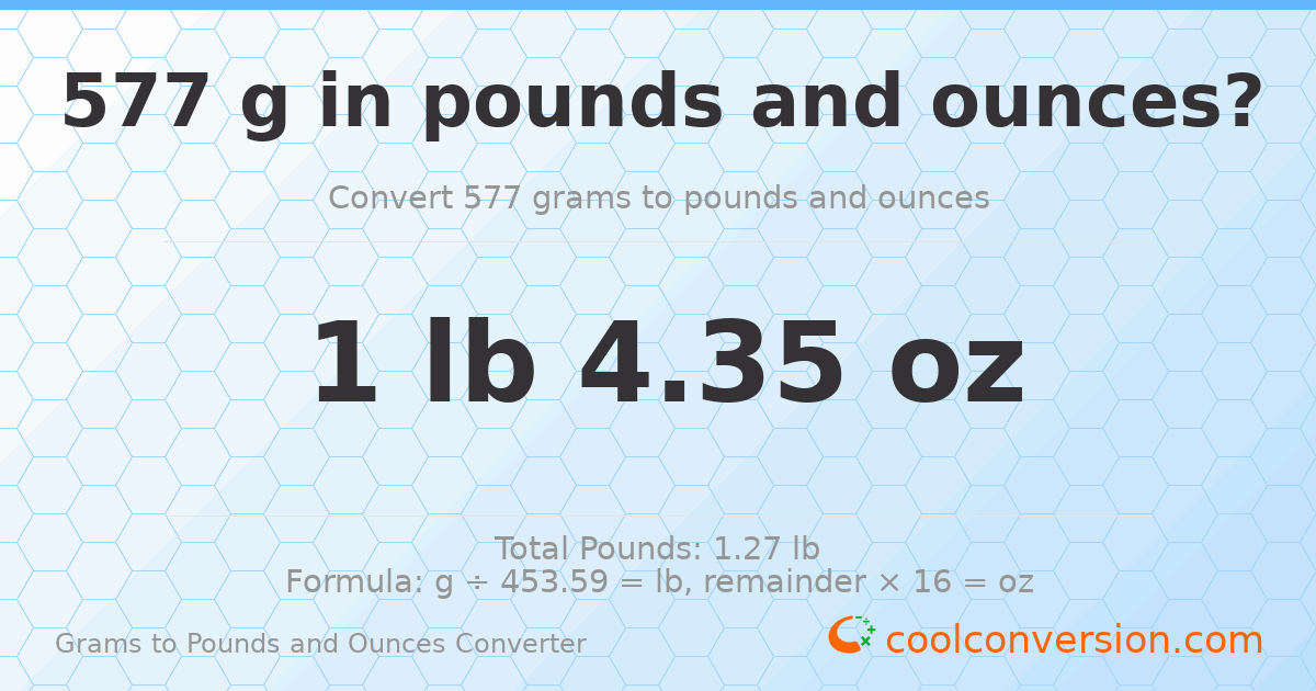 577 g to lb and oz — 577 g = 1 lb 4.35 oz