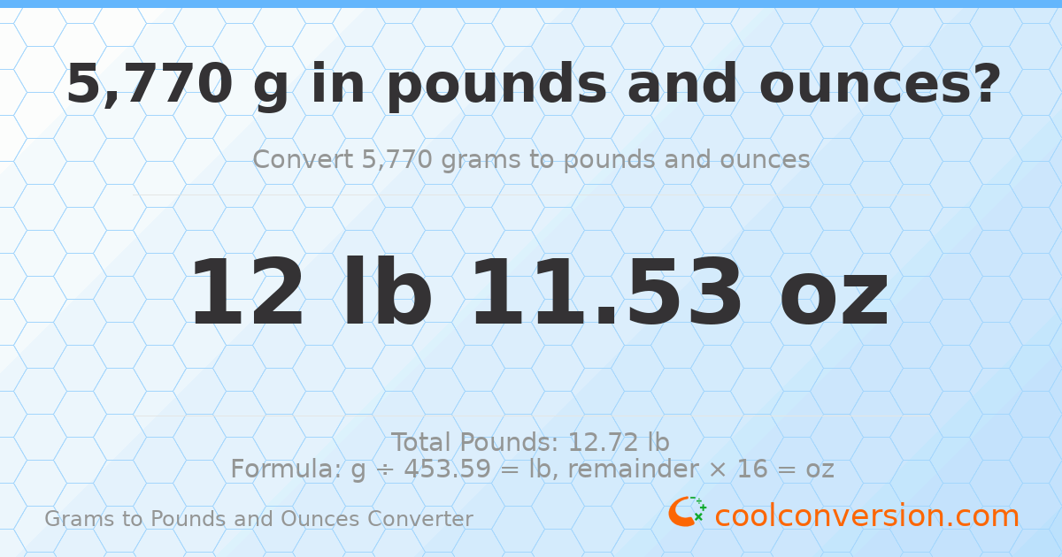 5770 g to lb and oz — 5770 g = 12 lb 11.53 oz