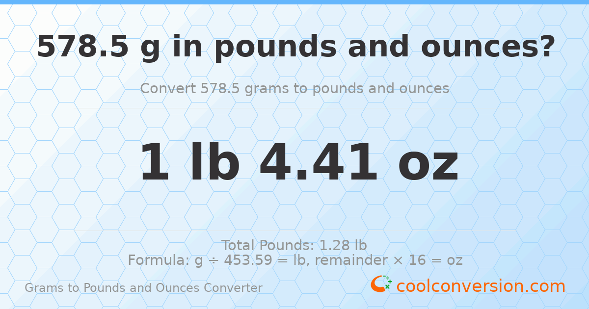 578.5 g to lb and oz — 578.5 g = 1 lb 4.41 oz