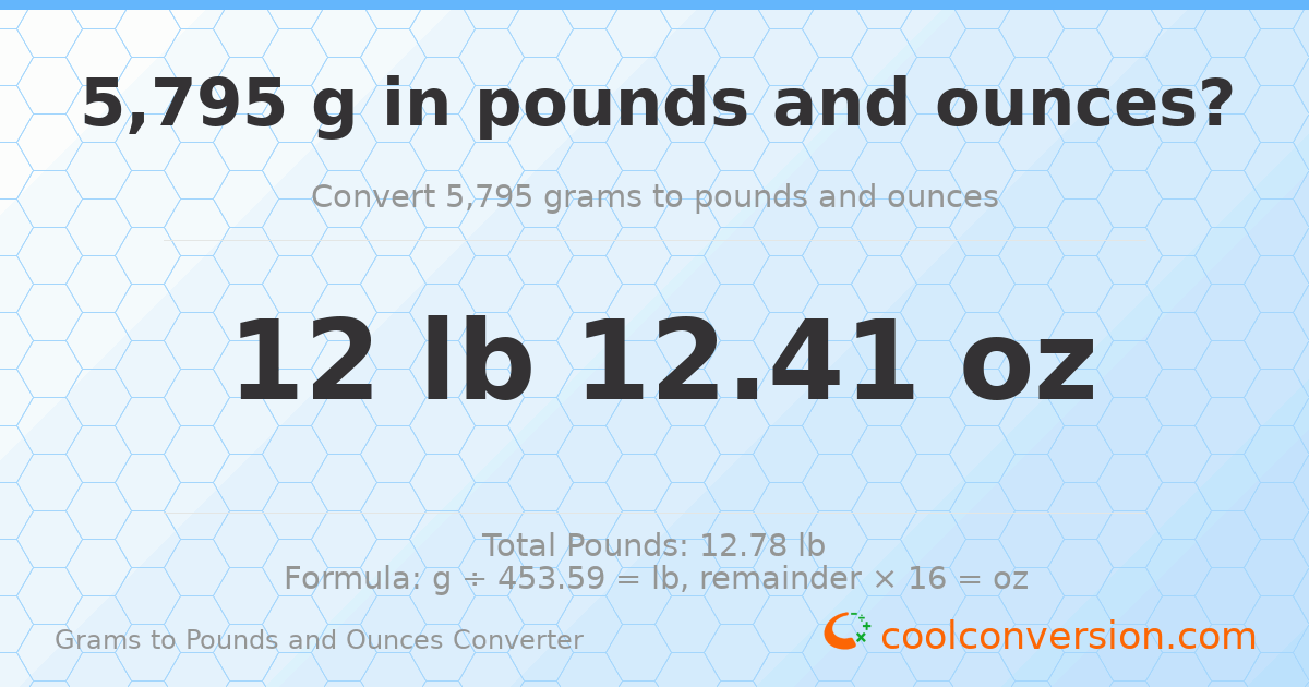5795 g to lb and oz — 5795 g = 12 lb 12.41 oz