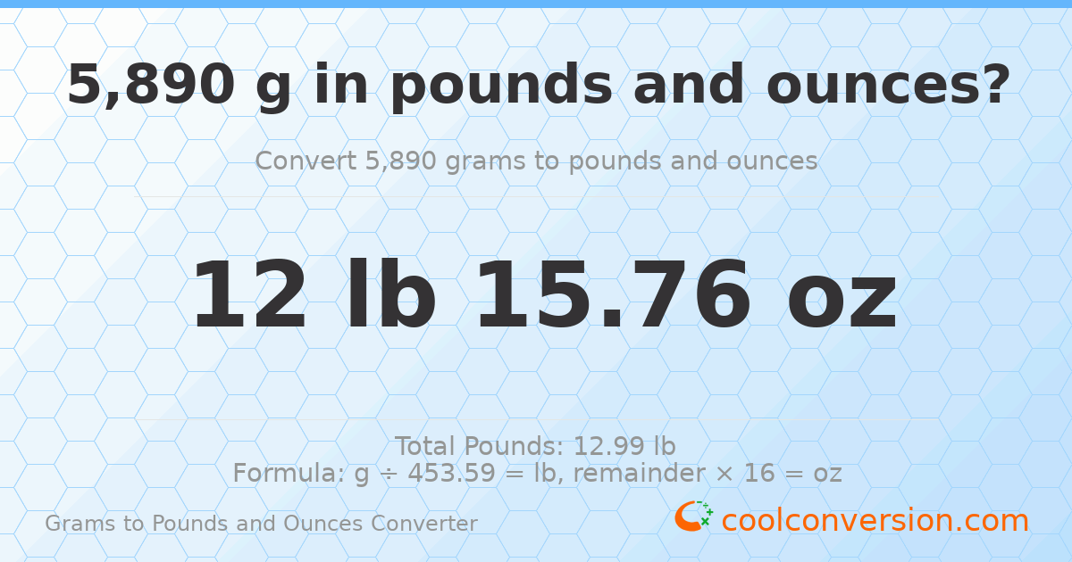 5890 g to lb and oz — 5890 g = 12 lb 15.76 oz