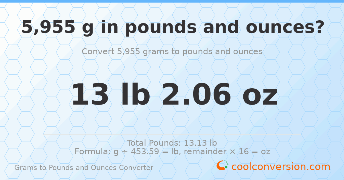 5955 g to lb and oz — 5955 g = 13 lb 2.06 oz