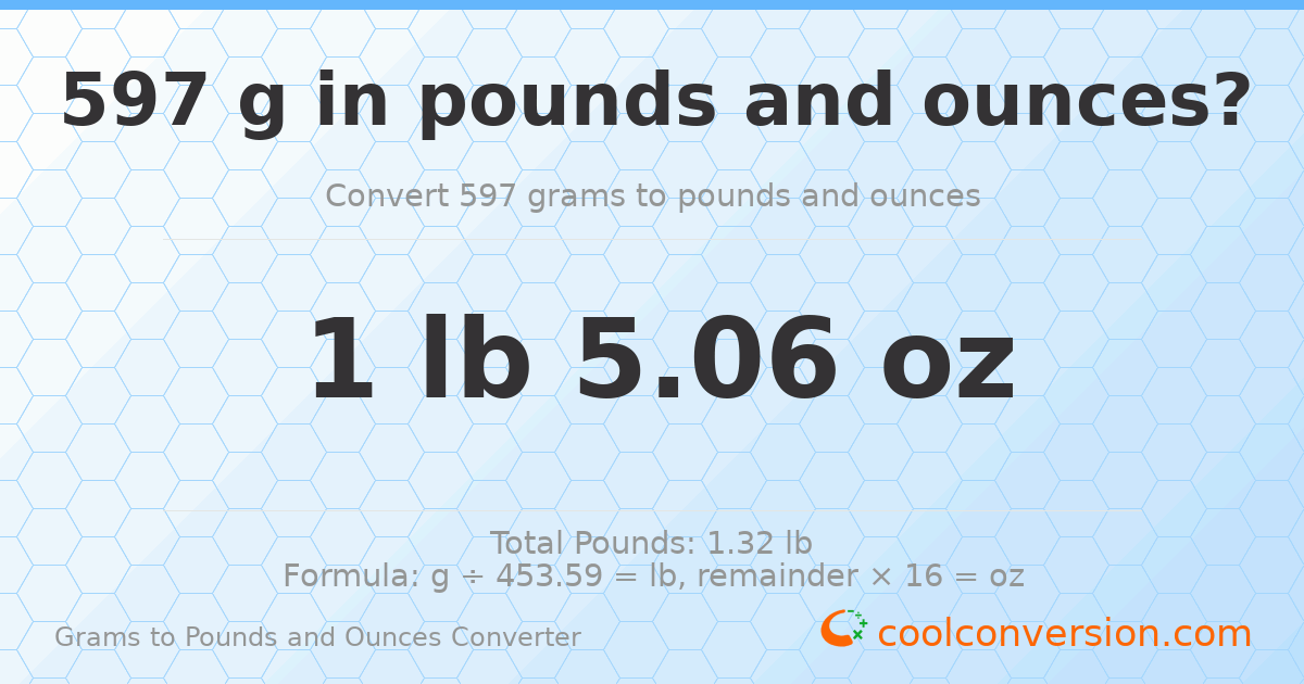 597 g to lb and oz — 597 g = 1 lb 5.06 oz