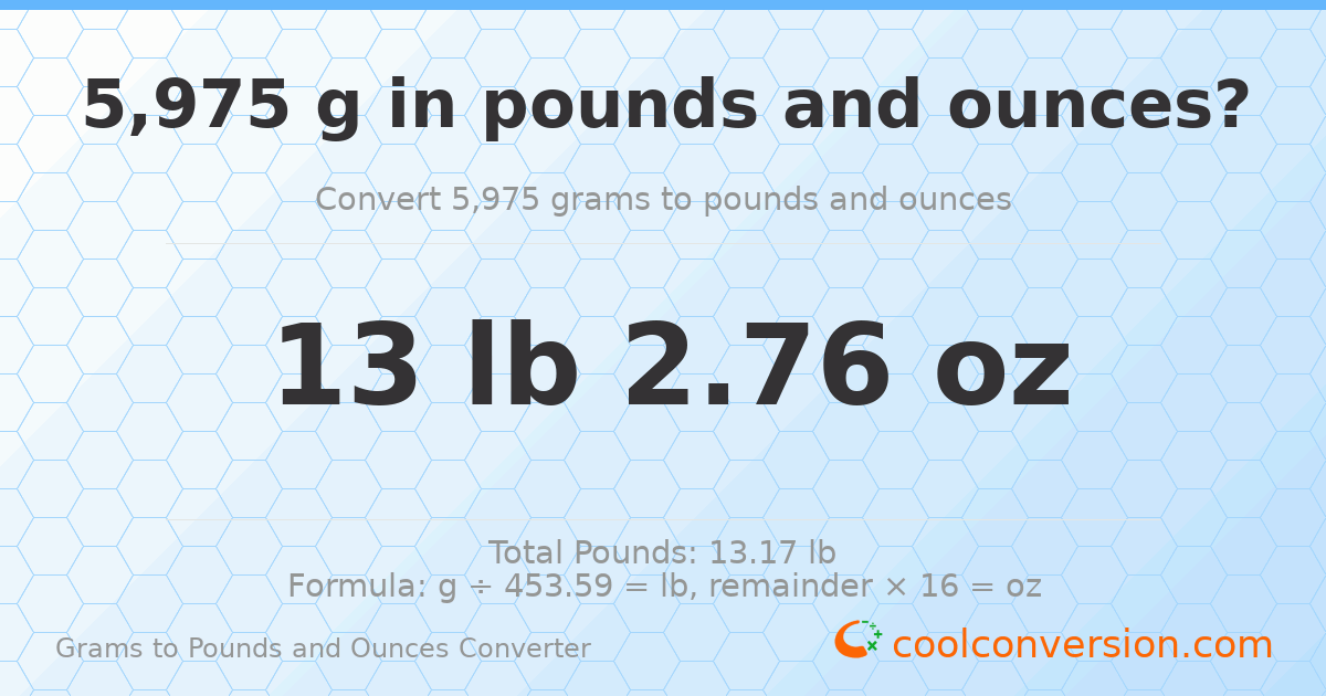 5975 g to lb and oz — 5975 g = 13 lb 2.76 oz
