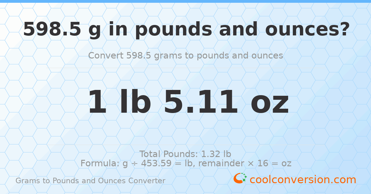 598.5 g to lb and oz — 598.5 g = 1 lb 5.11 oz
