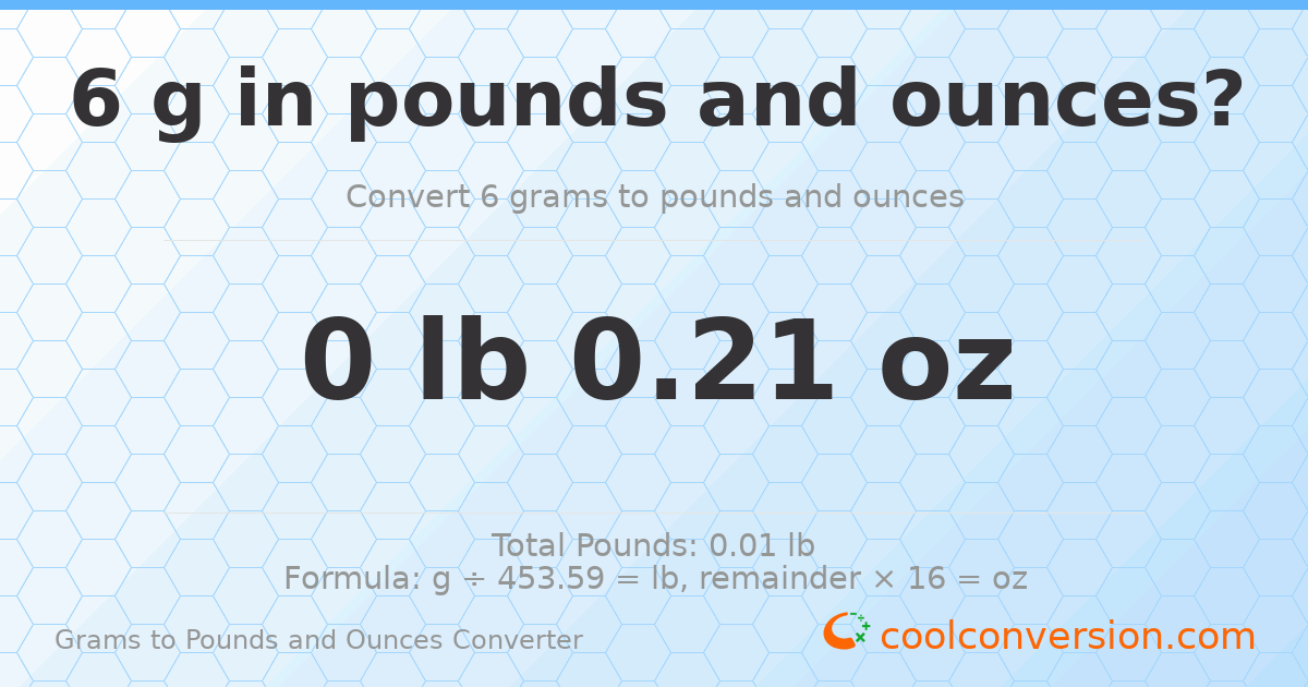 6 g to lb and oz — 6 g = 0 lb 0.21 oz