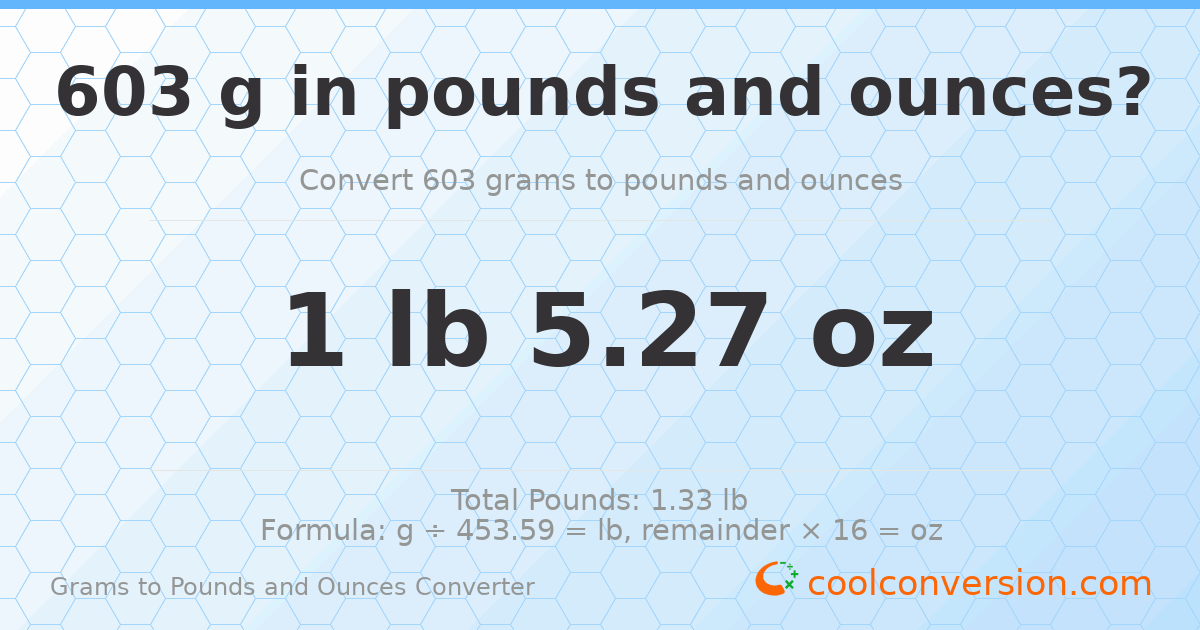 603 g to lb and oz — 603 g = 1 lb 5.27 oz