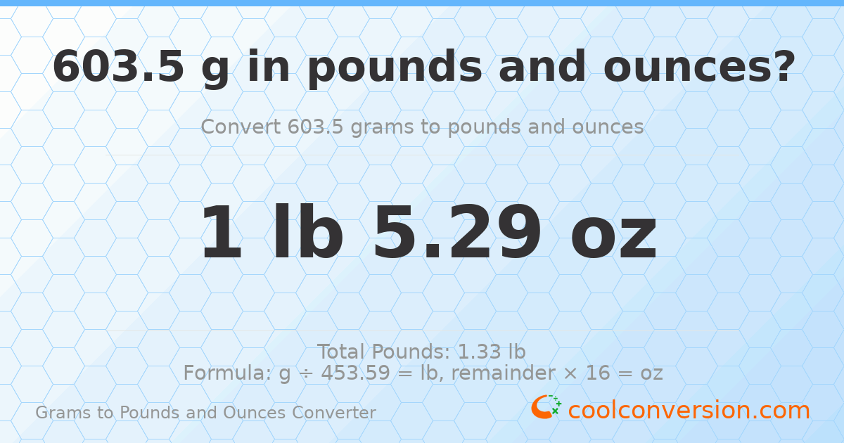 603.5 g to lb and oz — 603.5 g = 1 lb 5.29 oz