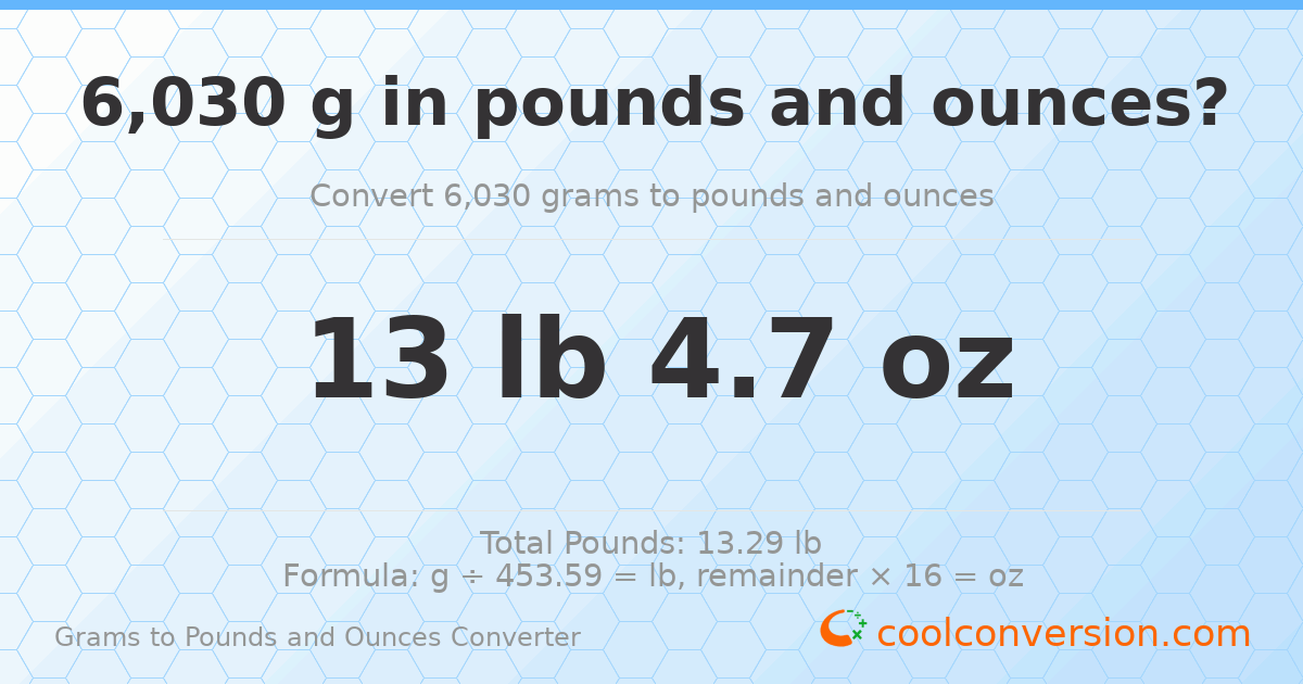 6030 g to lb and oz — 6030 g = 13 lb 4.7 oz