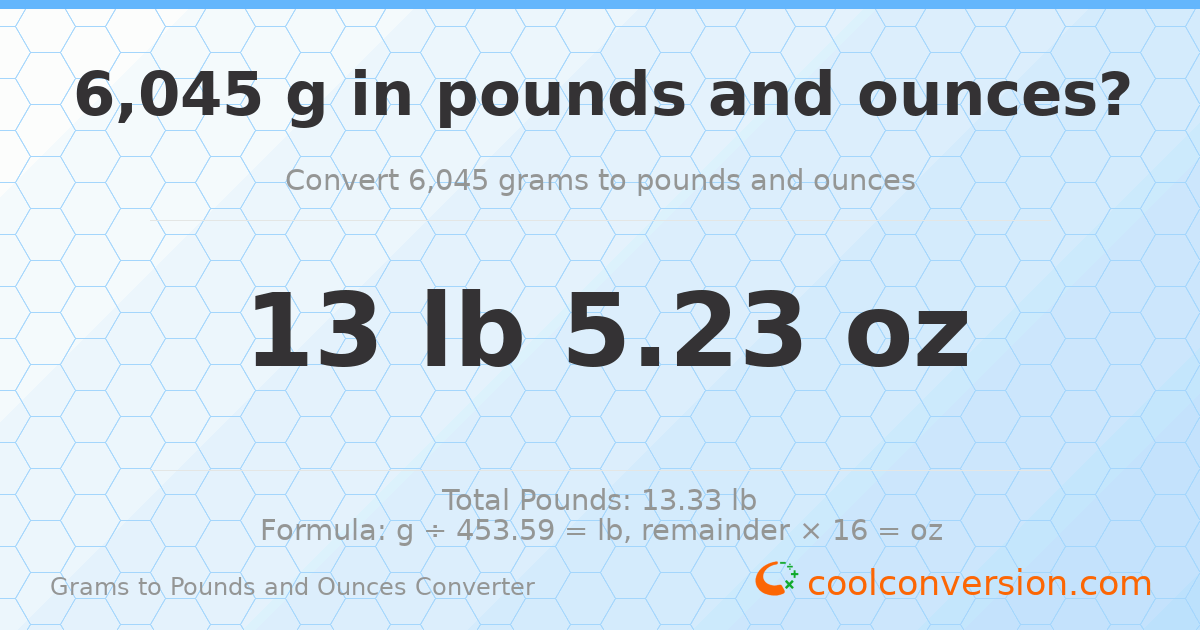 6045 g to lb and oz — 6045 g = 13 lb 5.23 oz