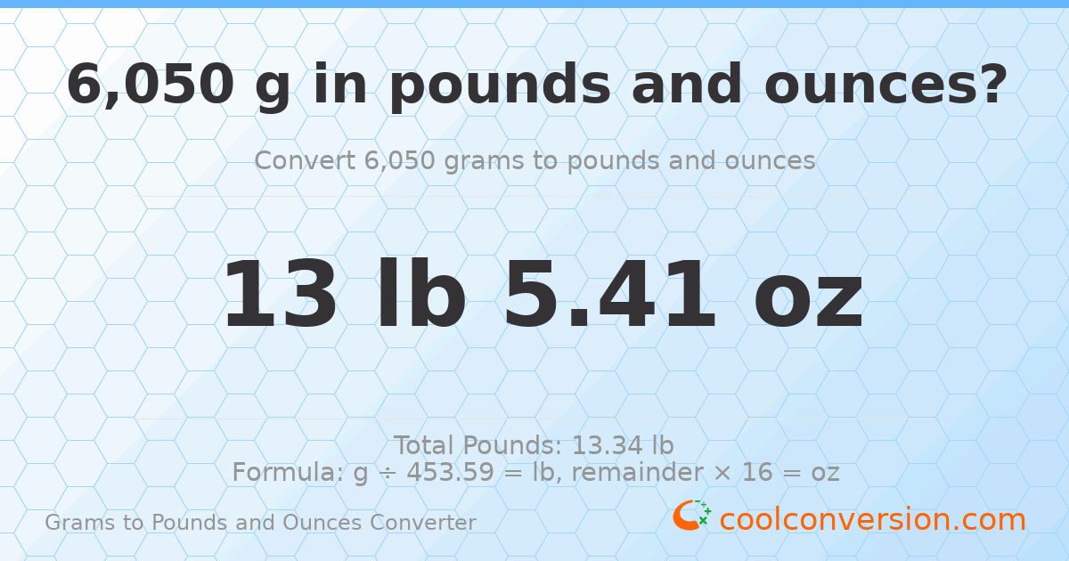 6050 g to lb and oz — 6050 g = 13 lb 5.41 oz