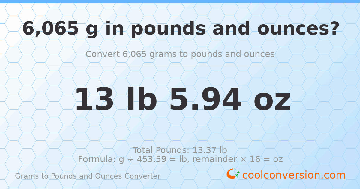 6065 g to lb and oz — 6065 g = 13 lb 5.94 oz