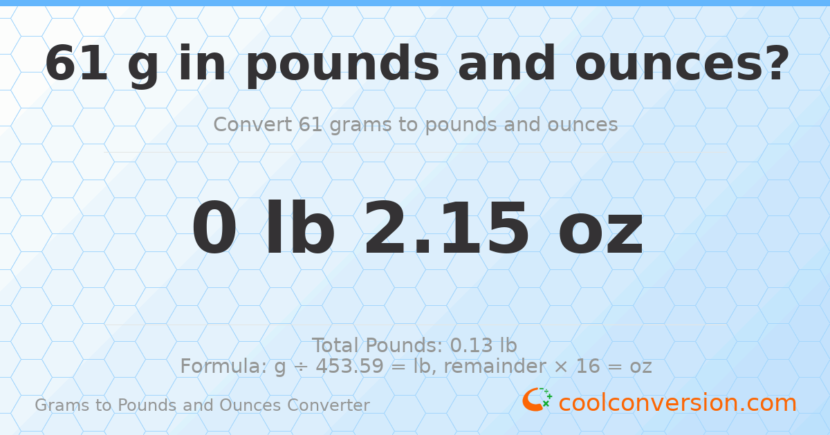 61 g to lb and oz — 61 g = 0 lb 2.15 oz