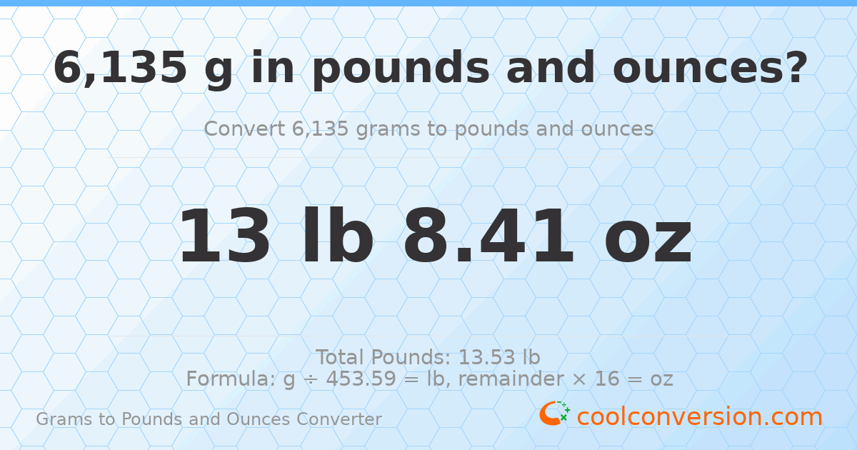 6135 g to lb and oz — 6135 g = 13 lb 8.41 oz