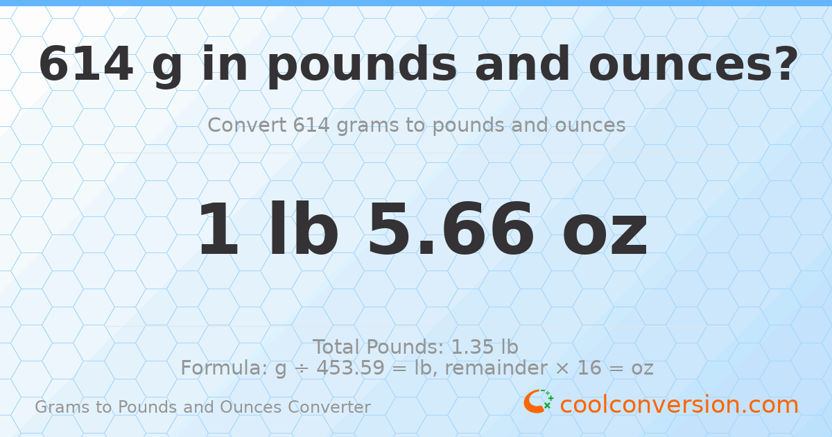 614 g to lb and oz — 614 g = 1 lb 5.66 oz