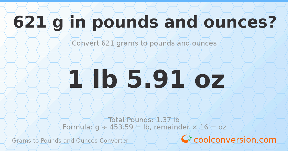 621 g to lb and oz — 621 g = 1 lb 5.91 oz