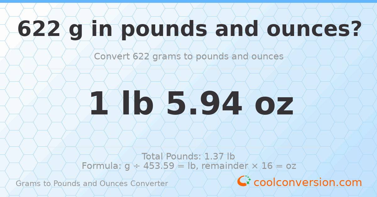 622 g to lb and oz — 622 g = 1 lb 5.94 oz