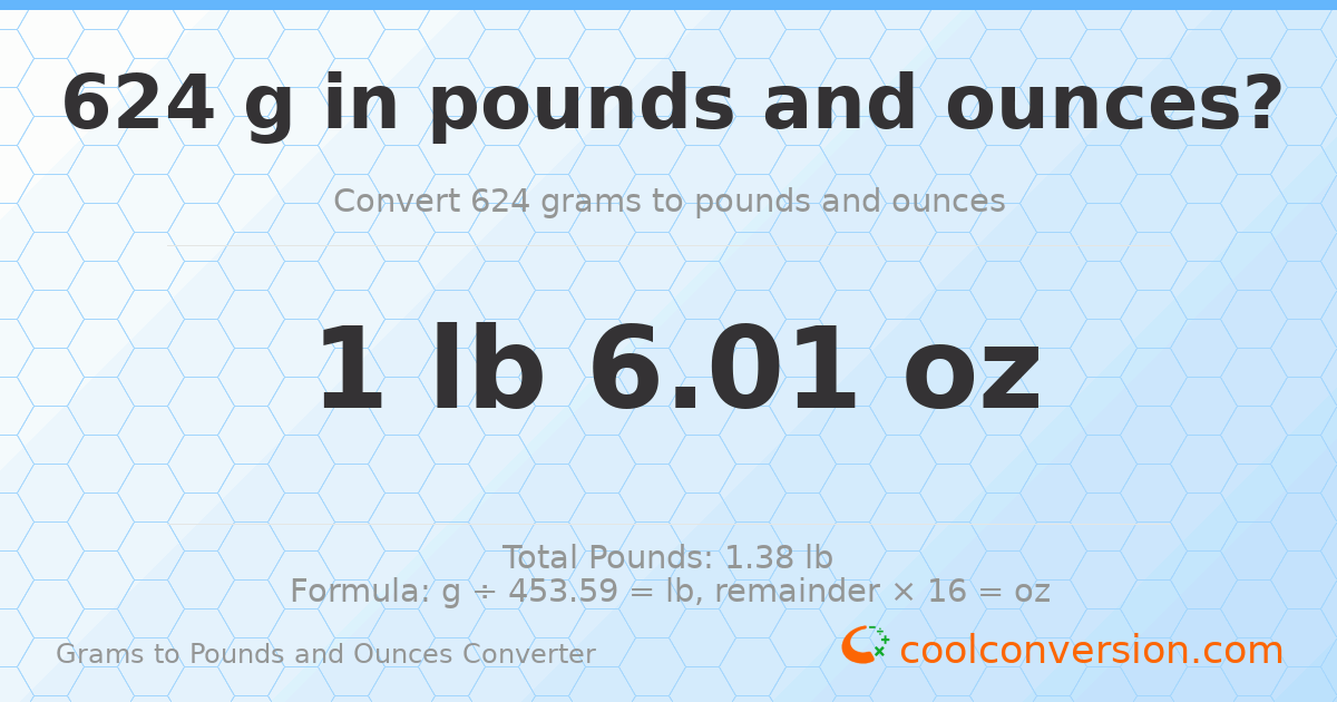 624 g to lb and oz — 624 g = 1 lb 6.01 oz