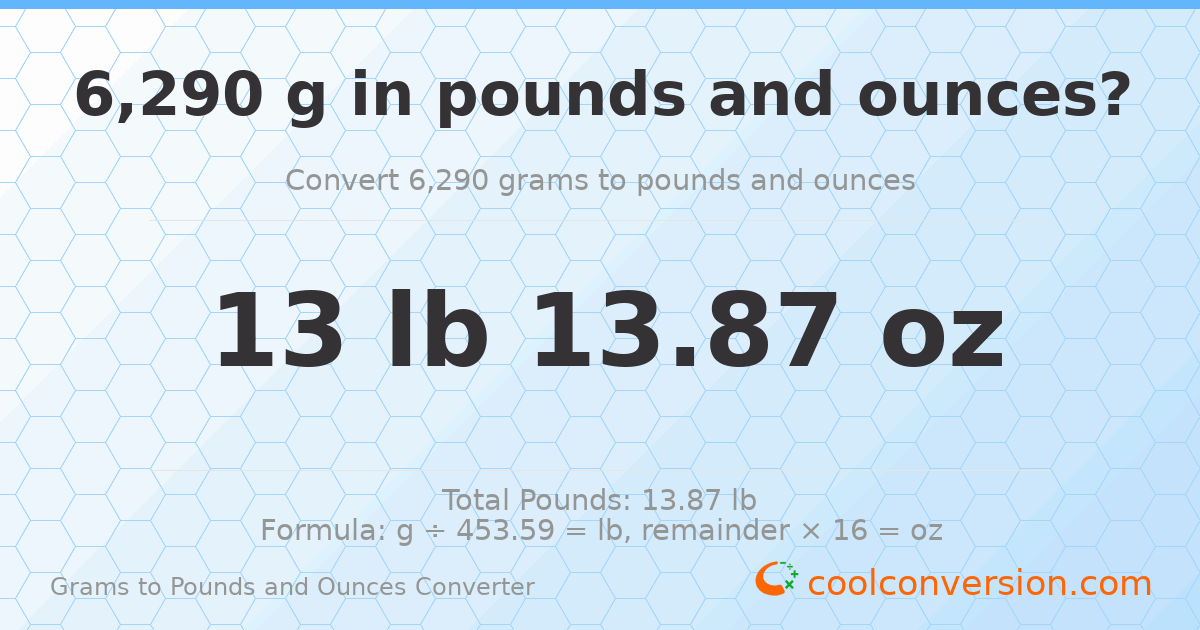 6290 g to lb and oz — 6290 g = 13 lb 13.87 oz