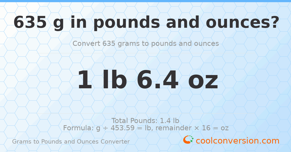 635 g to lb and oz — 635 g = 1 lb 6.4 oz