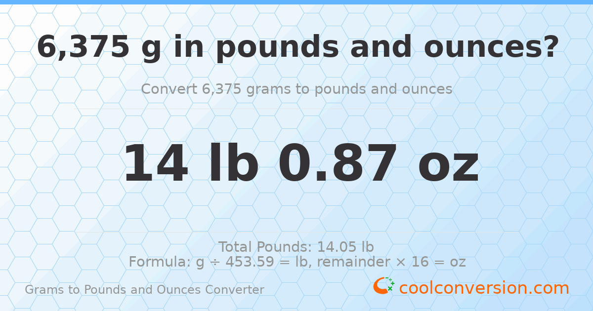 6375 g to lb and oz — 6375 g = 14 lb 0.87 oz