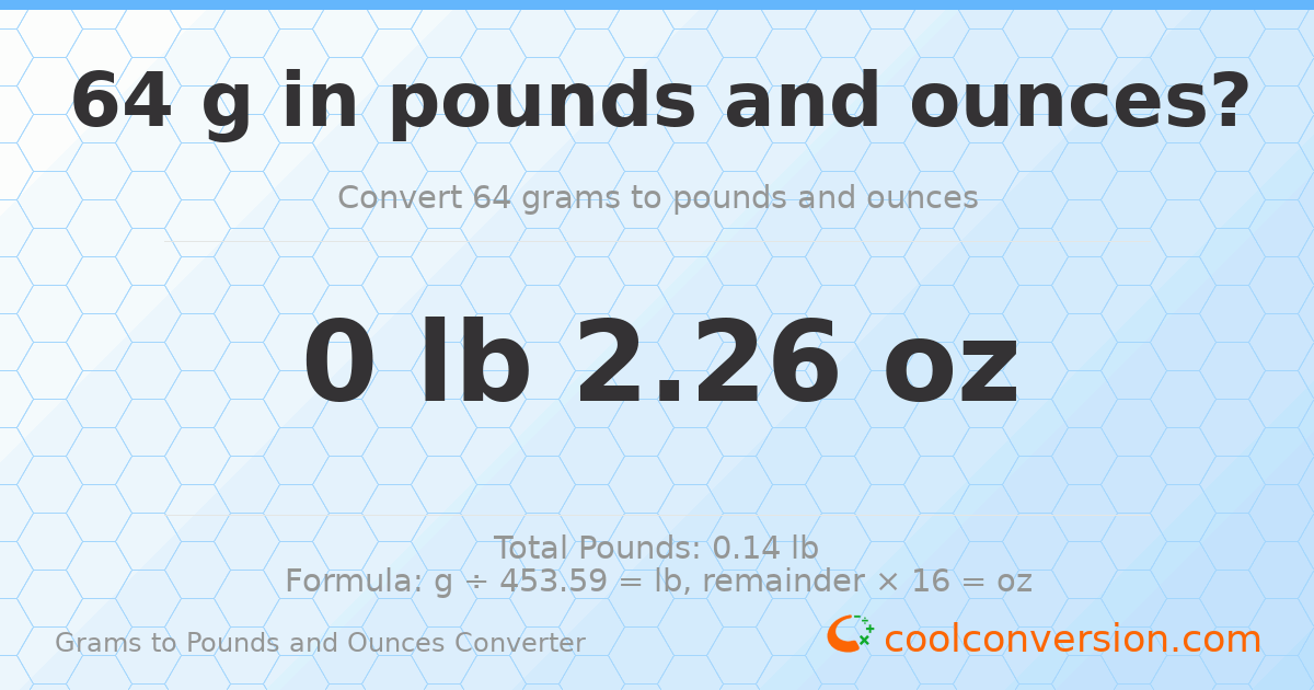 64 g to lb and oz — 64 g = 0 lb 2.26 oz
