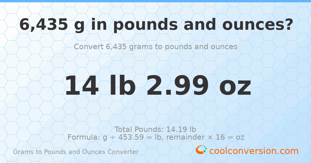 6435 g to lb and oz — 6435 g = 14 lb 2.99 oz
