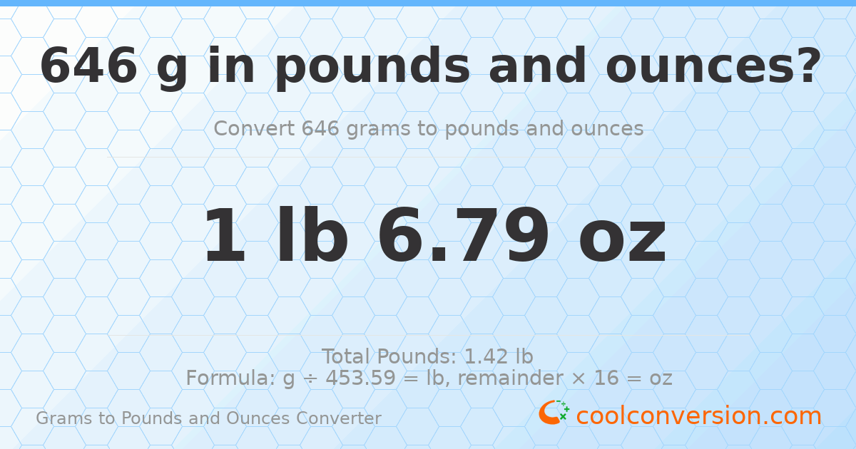 646 g to lb and oz — 646 g = 1 lb 6.79 oz