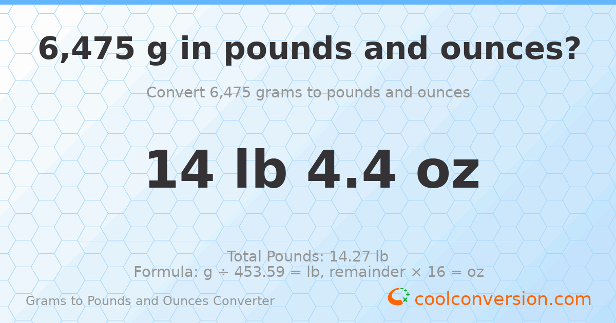 6475 g to lb and oz — 6475 g = 14 lb 4.4 oz