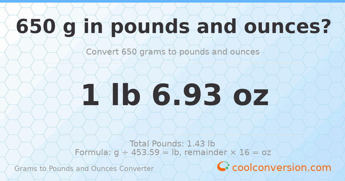 650 g to lb and oz — 650 g = 1 lb 6.93 oz