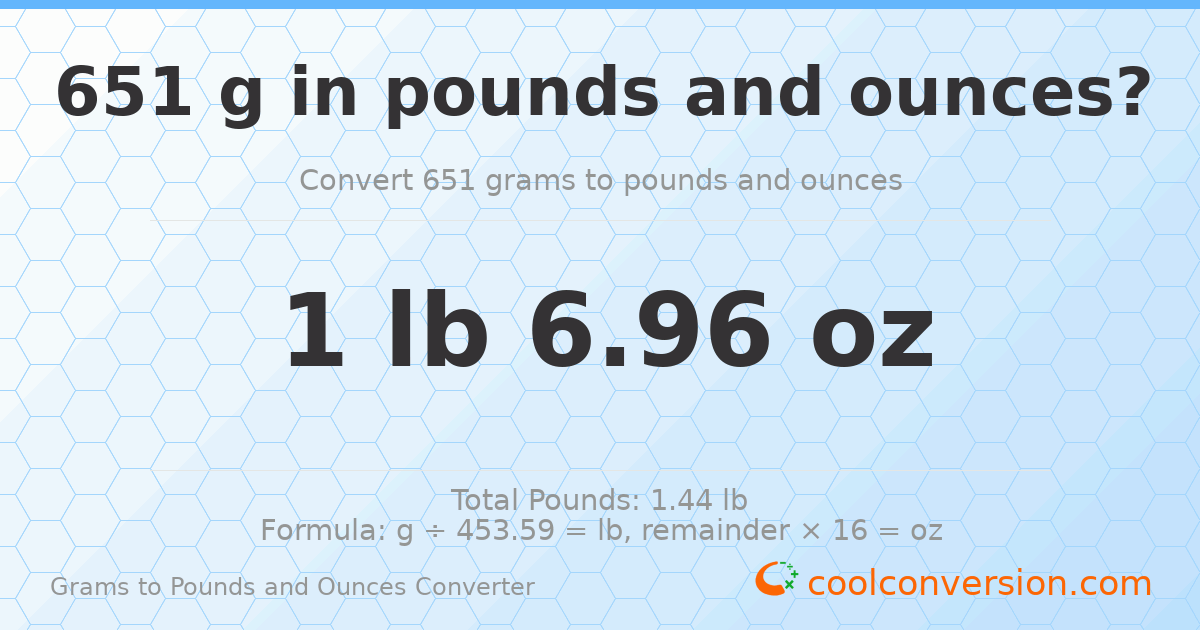 651 g to lb and oz — 651 g = 1 lb 6.96 oz