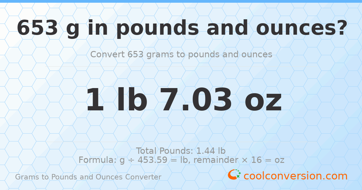 653 g to lb and oz — 653 g = 1 lb 7.03 oz