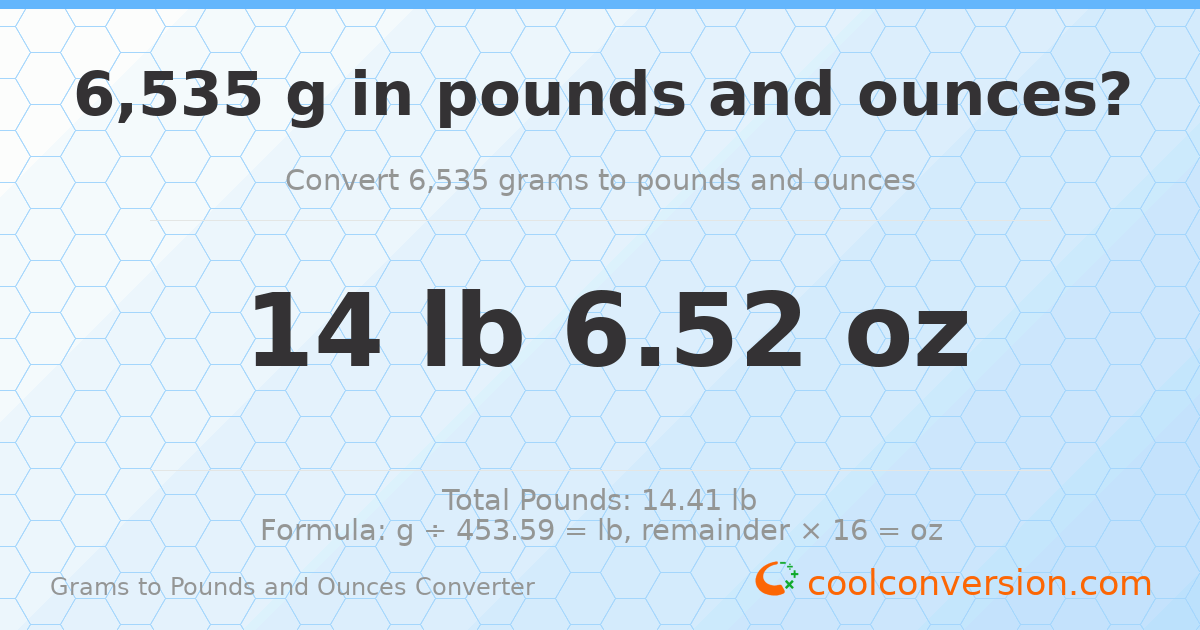6535 g to lb and oz — 6535 g = 14 lb 6.52 oz