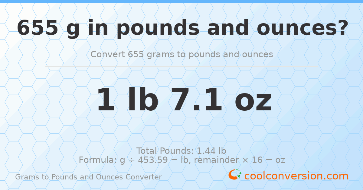 655 g to lb and oz — 655 g = 1 lb 7.1 oz