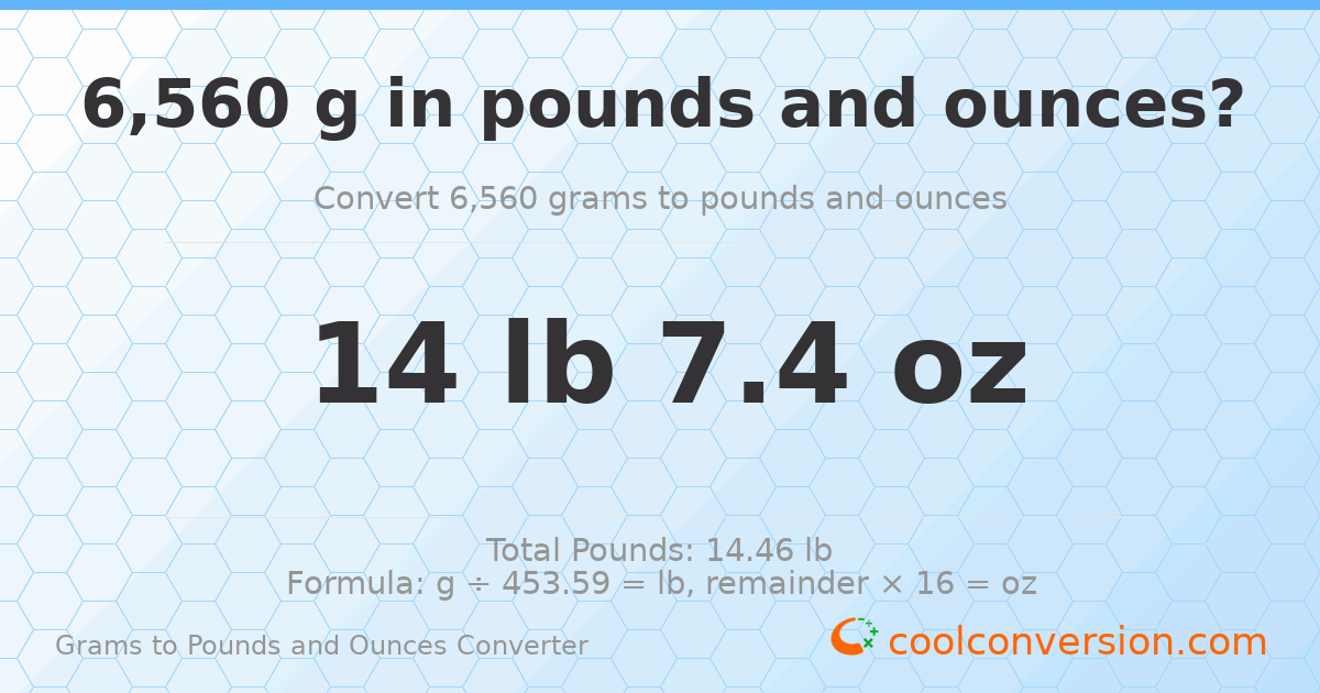 6560 g to lb and oz — 6560 g = 14 lb 7.4 oz