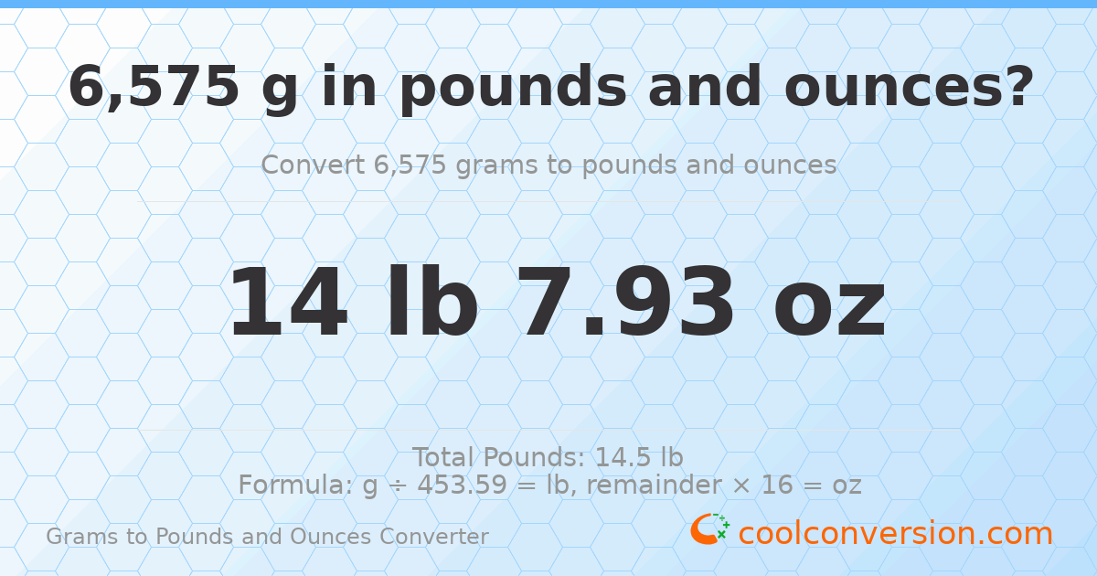 6575 g to lb and oz — 6575 g = 14 lb 7.93 oz