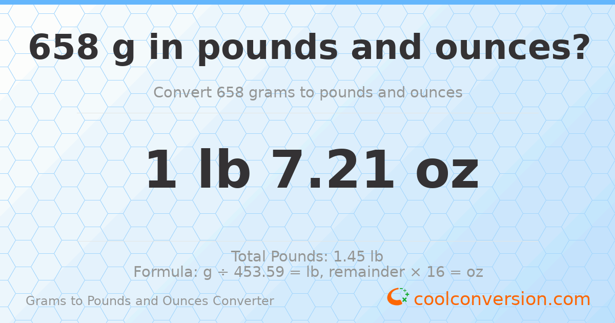 658 g to lb and oz — 658 g = 1 lb 7.21 oz
