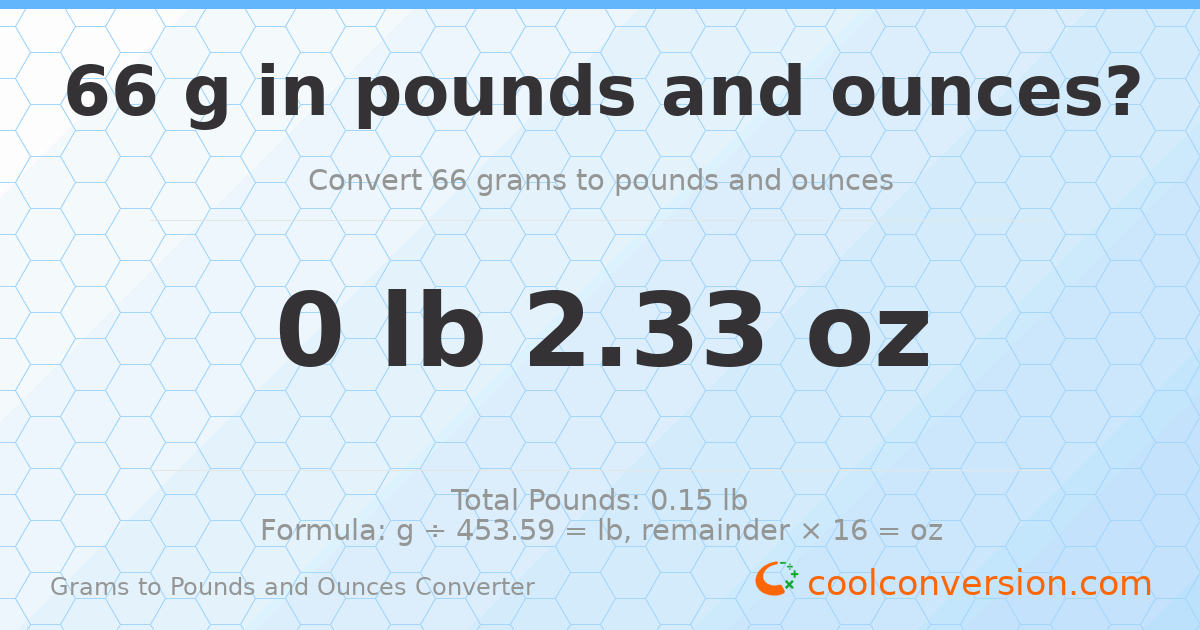 66 g to lb and oz — 66 g = 0 lb 2.33 oz