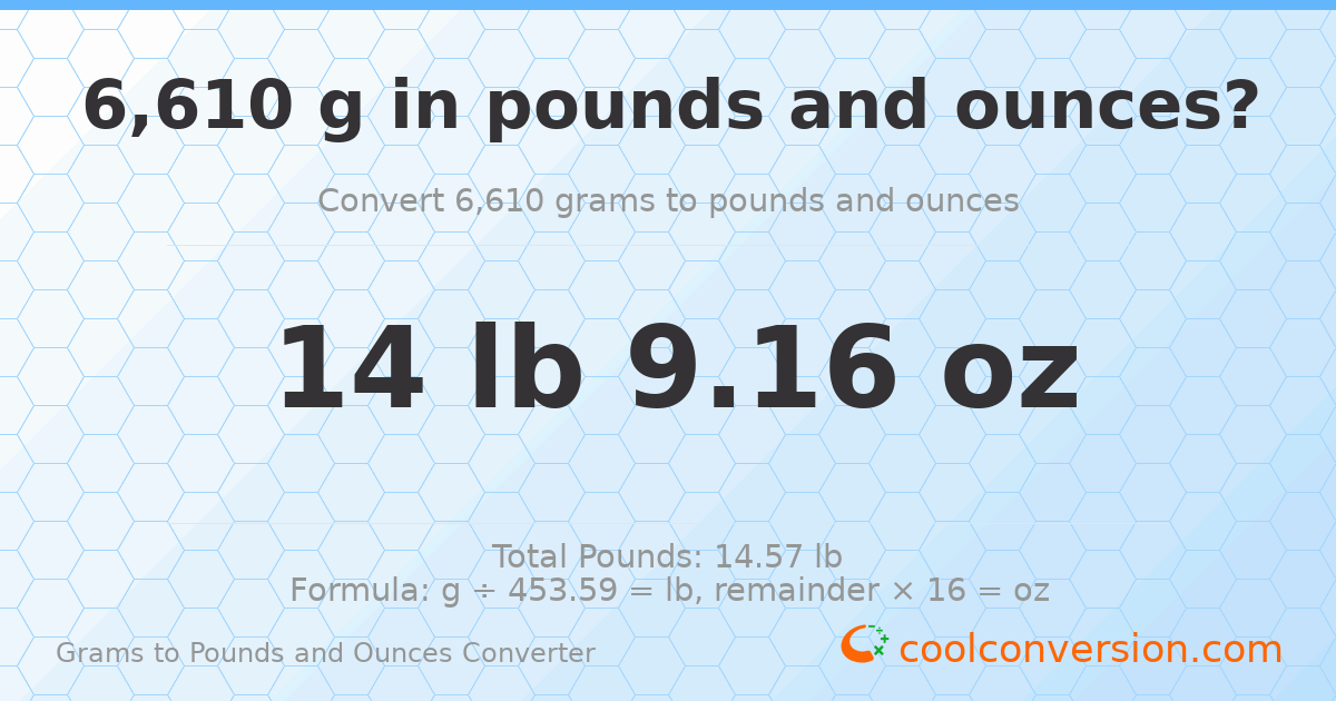 6610 g to lb and oz — 6610 g = 14 lb 9.16 oz