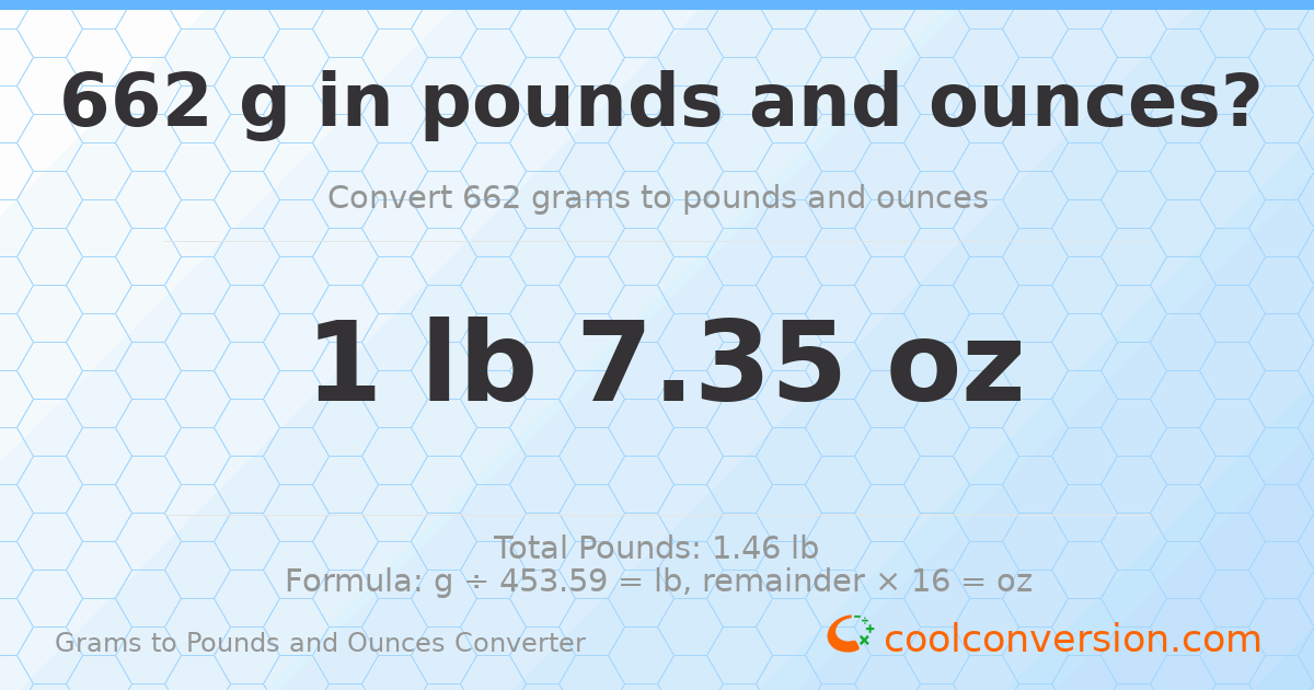 662 g to lb and oz — 662 g = 1 lb 7.35 oz