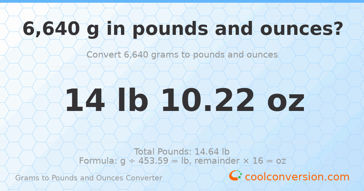 6640 g to lb and oz — 6640 g = 14 lb 10.22 oz