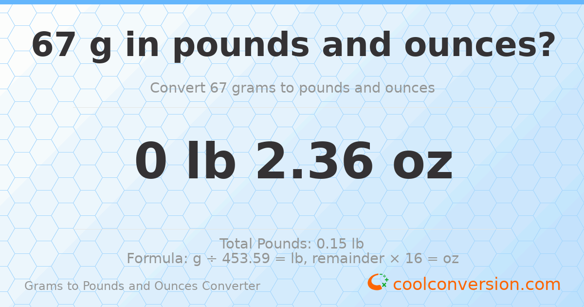 67 g to lb and oz — 67 g = 0 lb 2.36 oz