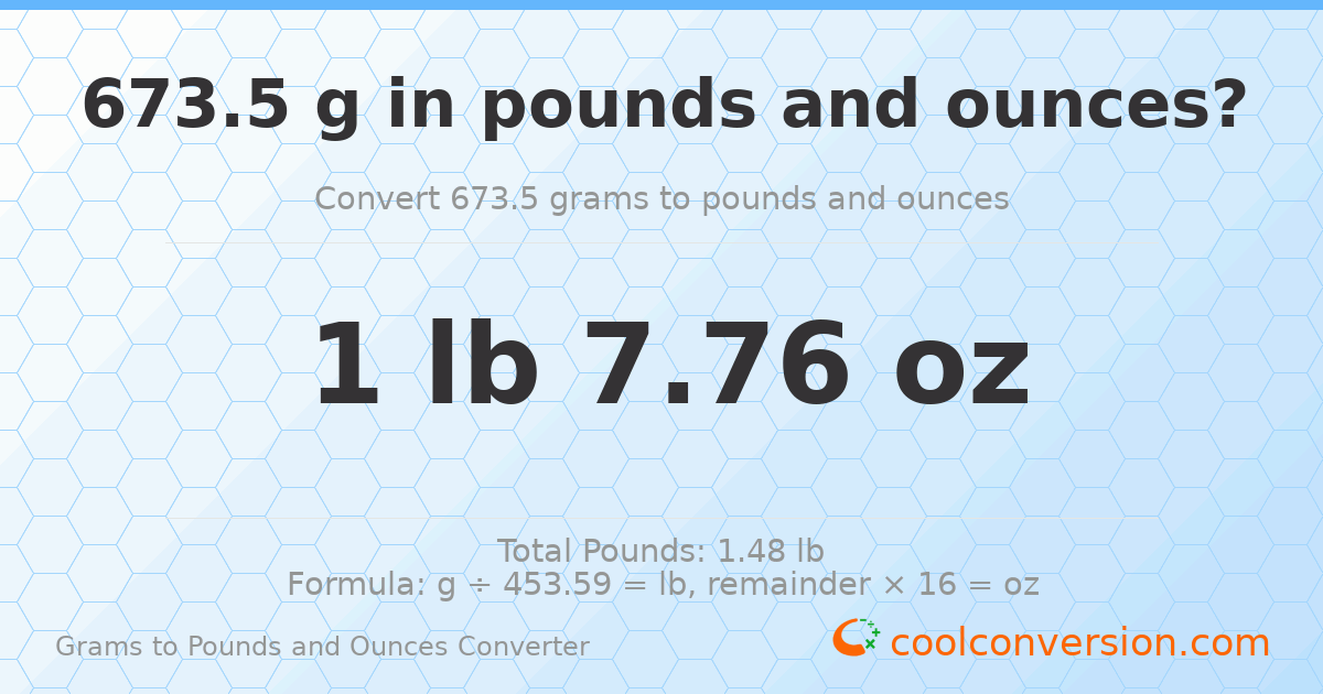 673.5 g to lb and oz — 673.5 g = 1 lb 7.76 oz