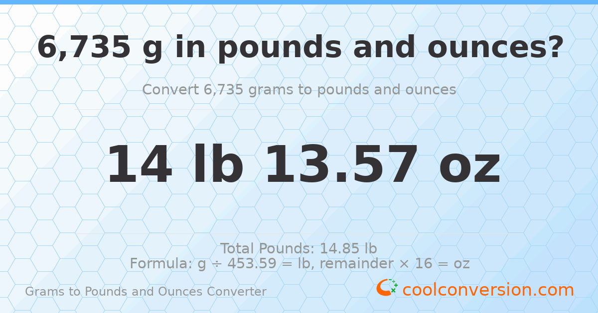6735 g to lb and oz — 6735 g = 14 lb 13.57 oz