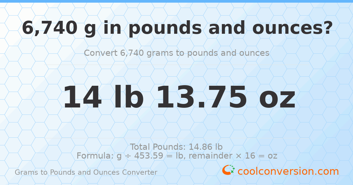6740 g to lb and oz — 6740 g = 14 lb 13.75 oz