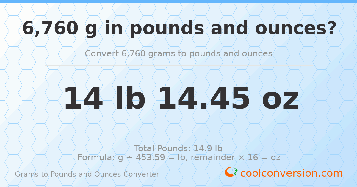 6760 g to lb and oz — 6760 g = 14 lb 14.45 oz