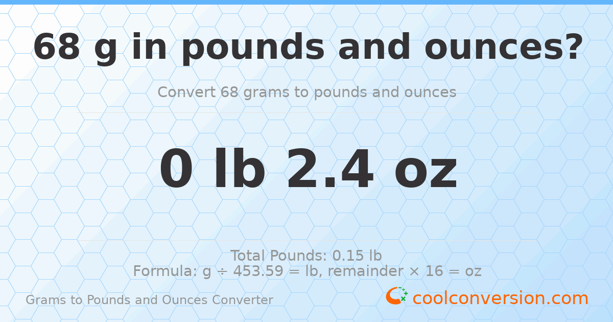 68 g to lb and oz — 68 g = 0 lb 2.4 oz