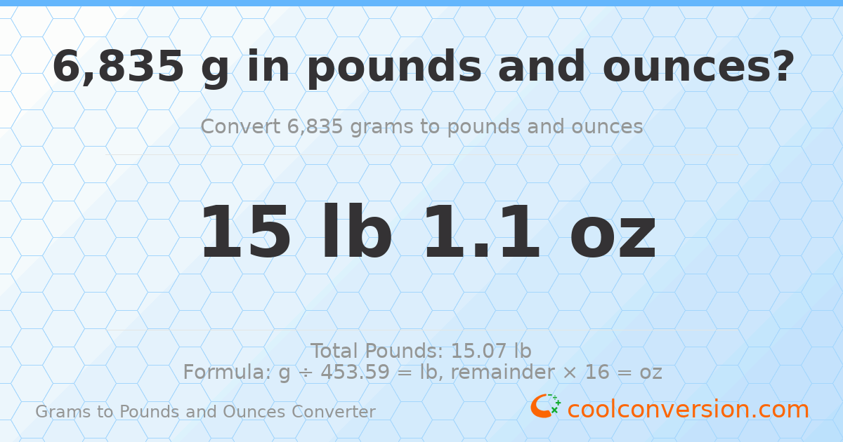 6835 g to lb and oz — 6835 g = 15 lb 1.1 oz