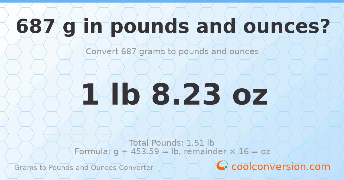 687 g to lb and oz — 687 g = 1 lb 8.23 oz