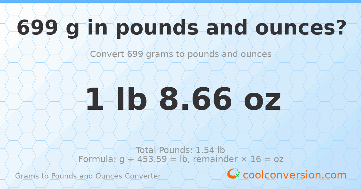 699 g to lb and oz — 699 g = 1 lb 8.66 oz